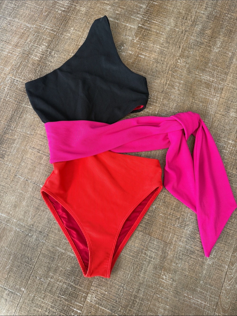 Beach Riot Colorblock One-Shoulder Swimsuit in Black, Red & Pink